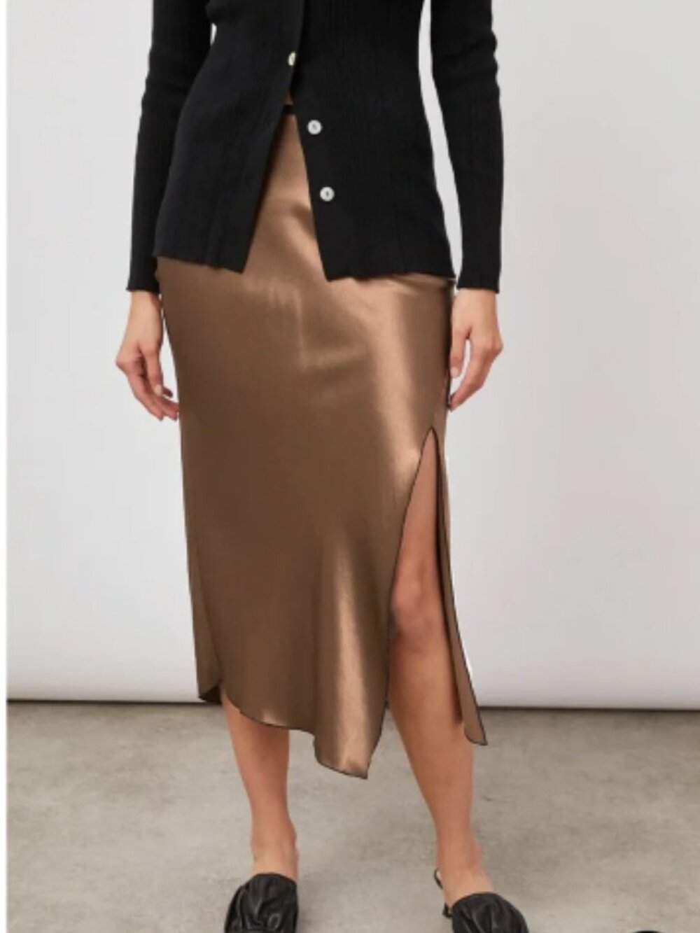 Rails Jada Pull On Satin Slit Slip Midi Skirt Peat Moss Deep Khaki Green S